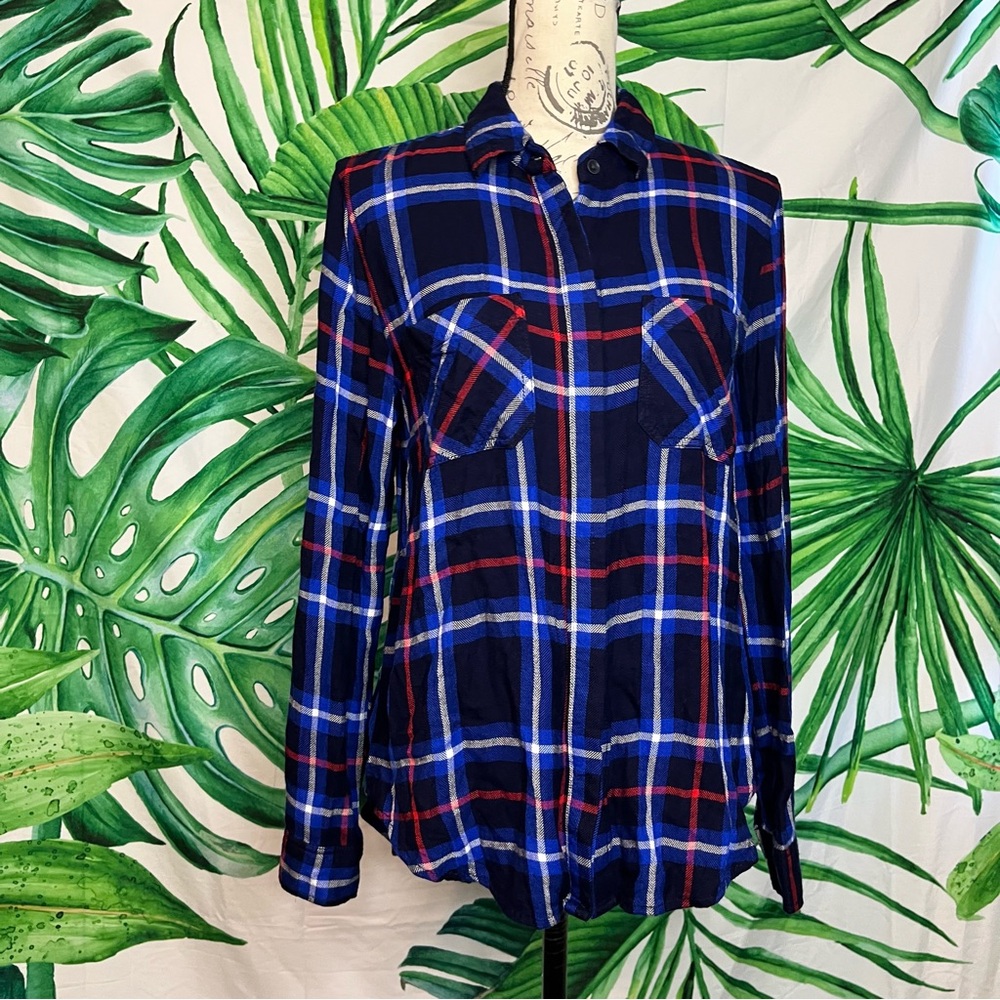 Statement Small Dark Blue Red Plaid Split Back Flannel Button Tunic School Shirt